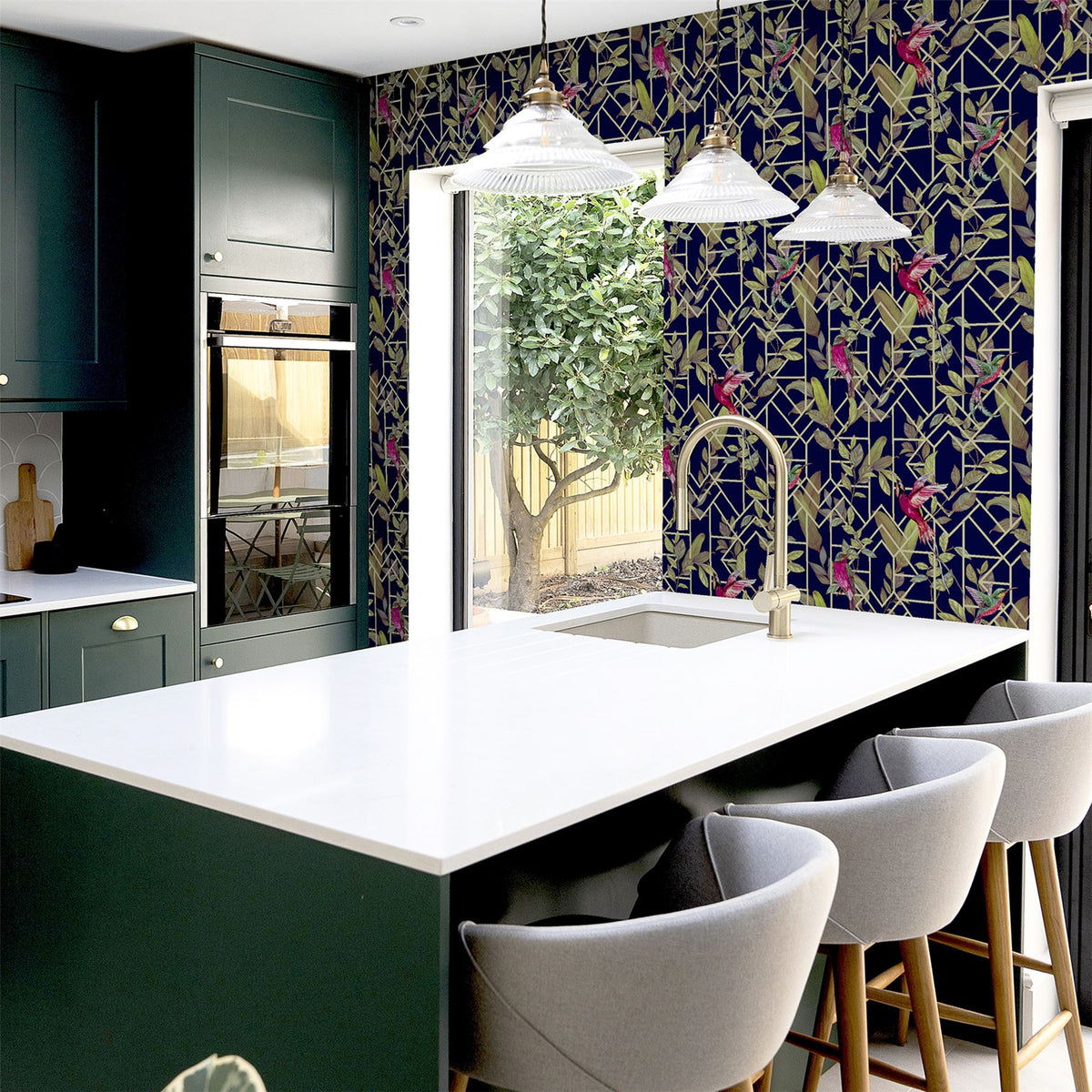 Arthouse Deco Tropical Wallpaper – Navy Blue with Gold Metallic Art Deco Pattern, Tropical Leaves & Birds