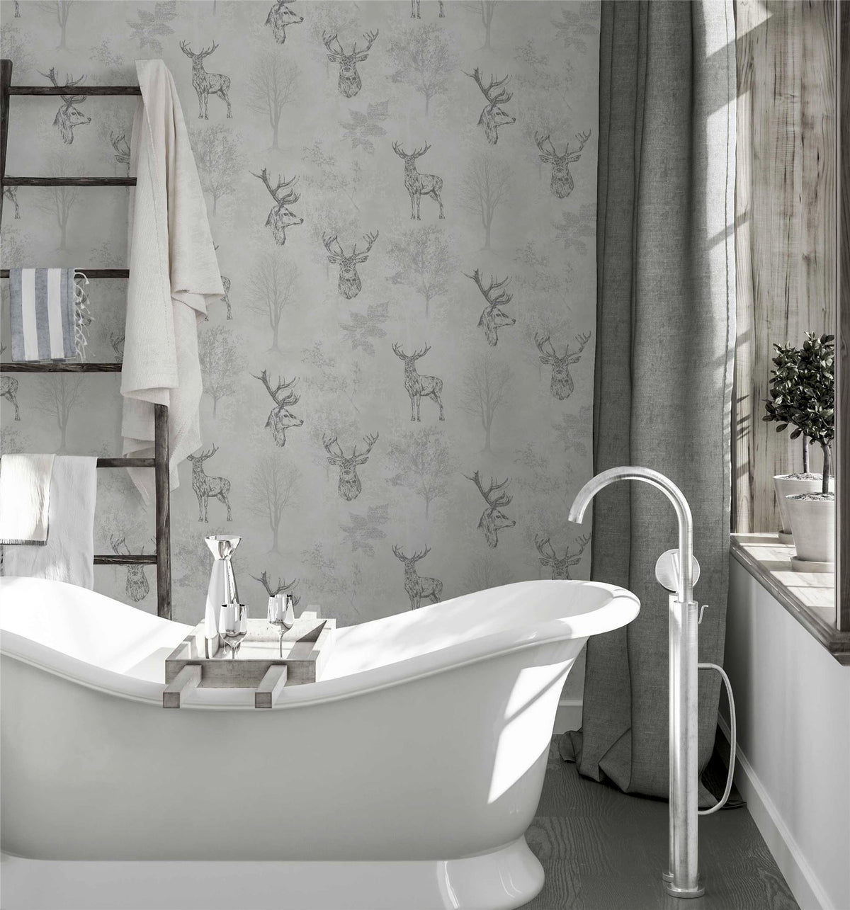 Arthouse Etched Stag Wallpaper – Line Drawings & Elegant Script with Metallic Accent, Textured Mono Finish
