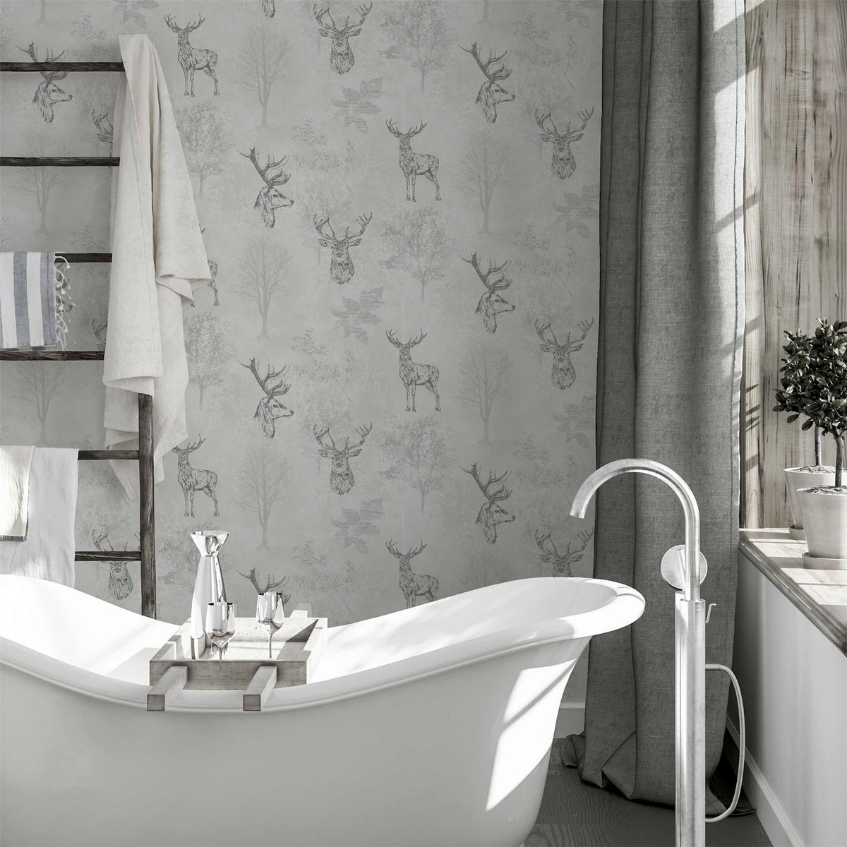 Arthouse Etched Stag Wallpaper – Line Drawings & Elegant Script with Metallic Accent, Textured Mono Finish