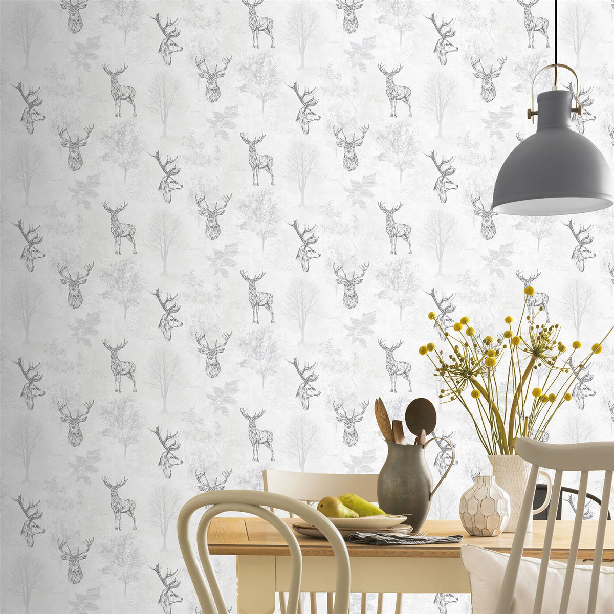 Arthouse Etched Stag Wallpaper – Line Drawings & Elegant Script with Metallic Accent, Textured Mono Finish