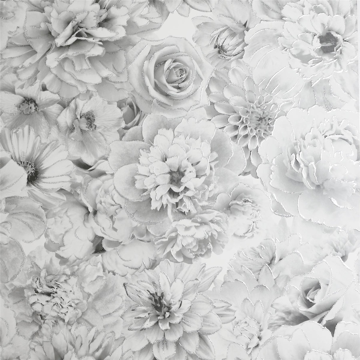 Arthouse Glitter Bloom Wallpaper – Large-Scale Monochrome Floral with Encased Glitter, Silver