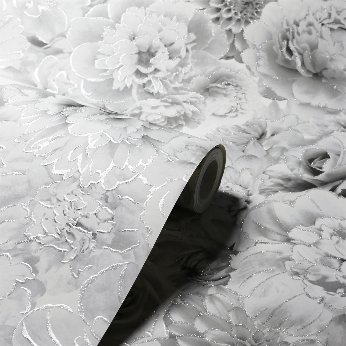 Arthouse Glitter Bloom Wallpaper – Large-Scale Monochrome Floral with Encased Glitter, Silver