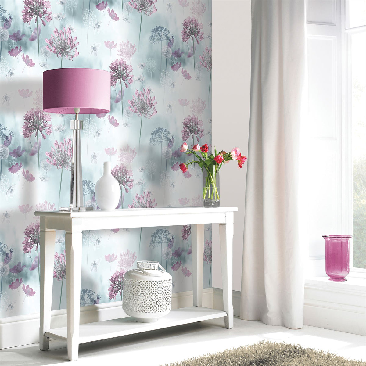 Arthouse Spring Meadow Wallpaper – Large-Scale Floral Photographic Print, Duck Egg Blue, Smooth Matt Finish
