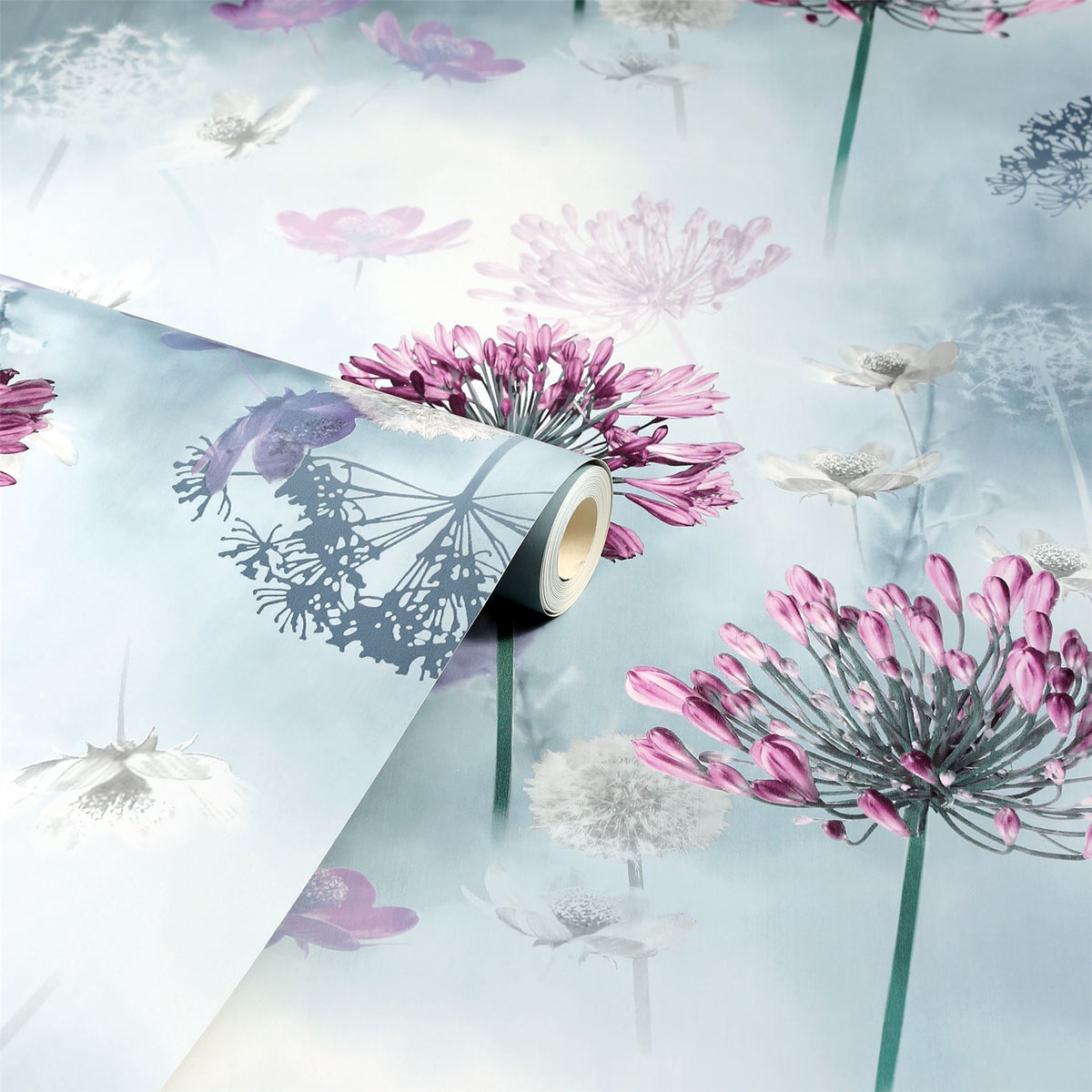 Arthouse Spring Meadow Wallpaper – Large-Scale Floral Photographic Print, Duck Egg Blue, Smooth Matt Finish
