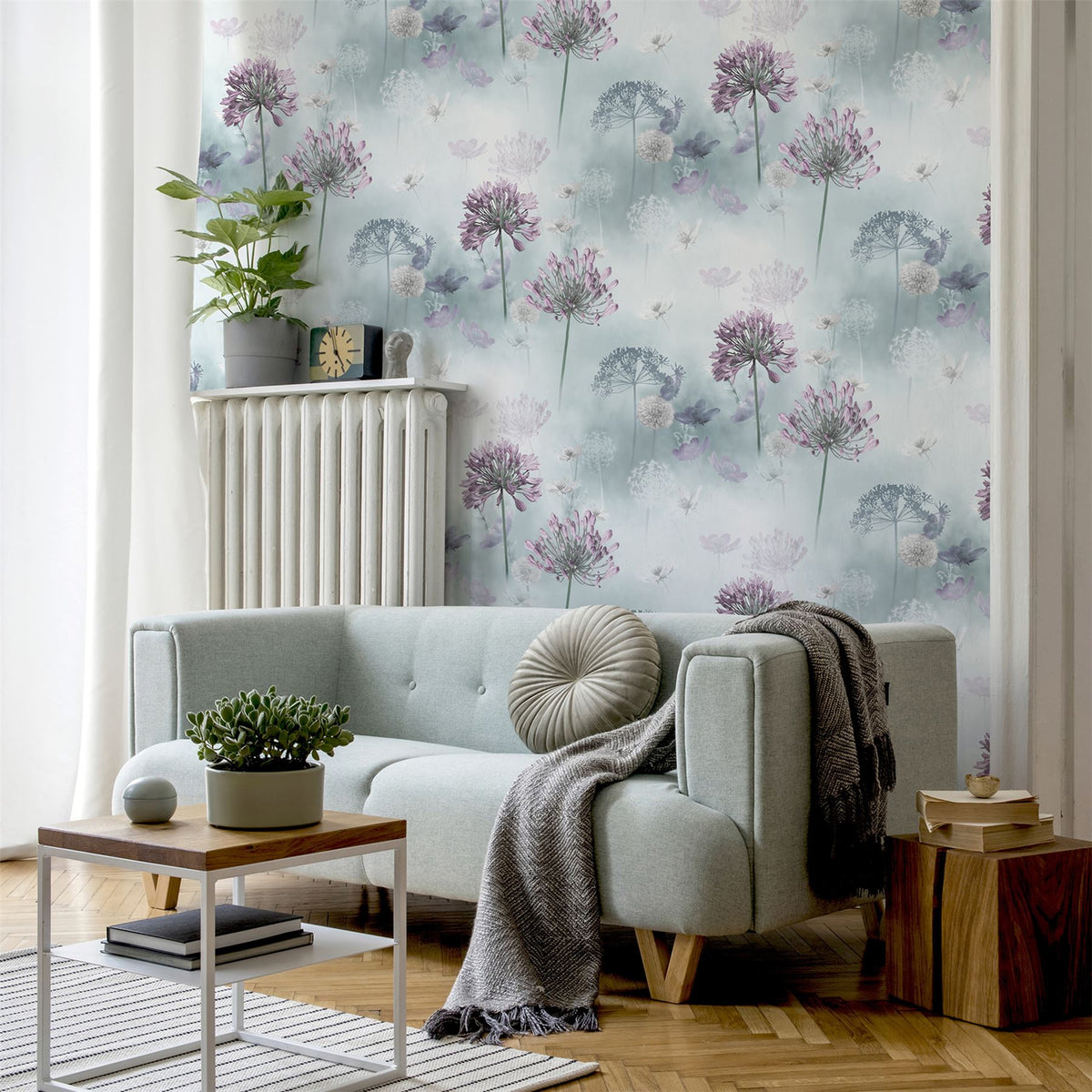 Arthouse Spring Meadow Wallpaper – Large-Scale Floral Photographic Print, Duck Egg Blue, Smooth Matt Finish