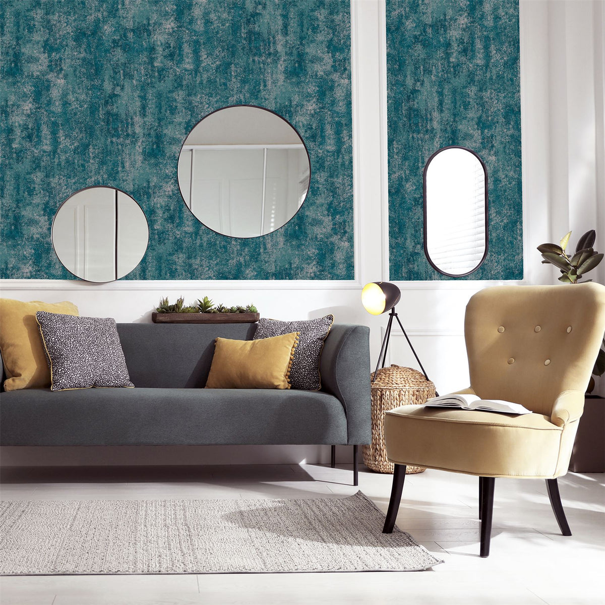 Arthouse Stone Textures Wallpaper – Rough Stone Effect with Metallic Highlights, Emerald Green & Gold