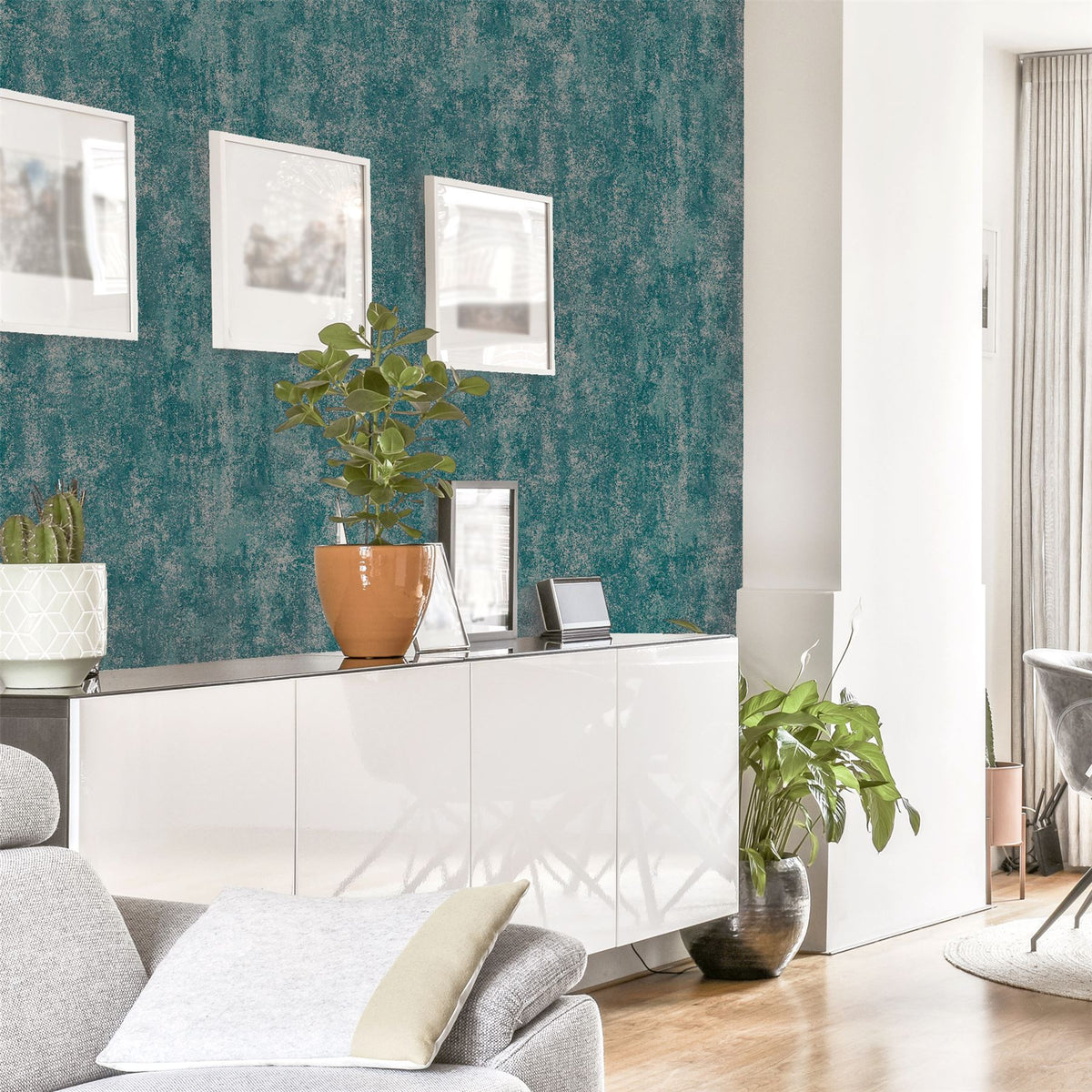 Arthouse Stone Textures Wallpaper – Rough Stone Effect with Metallic Highlights, Emerald Green & Gold