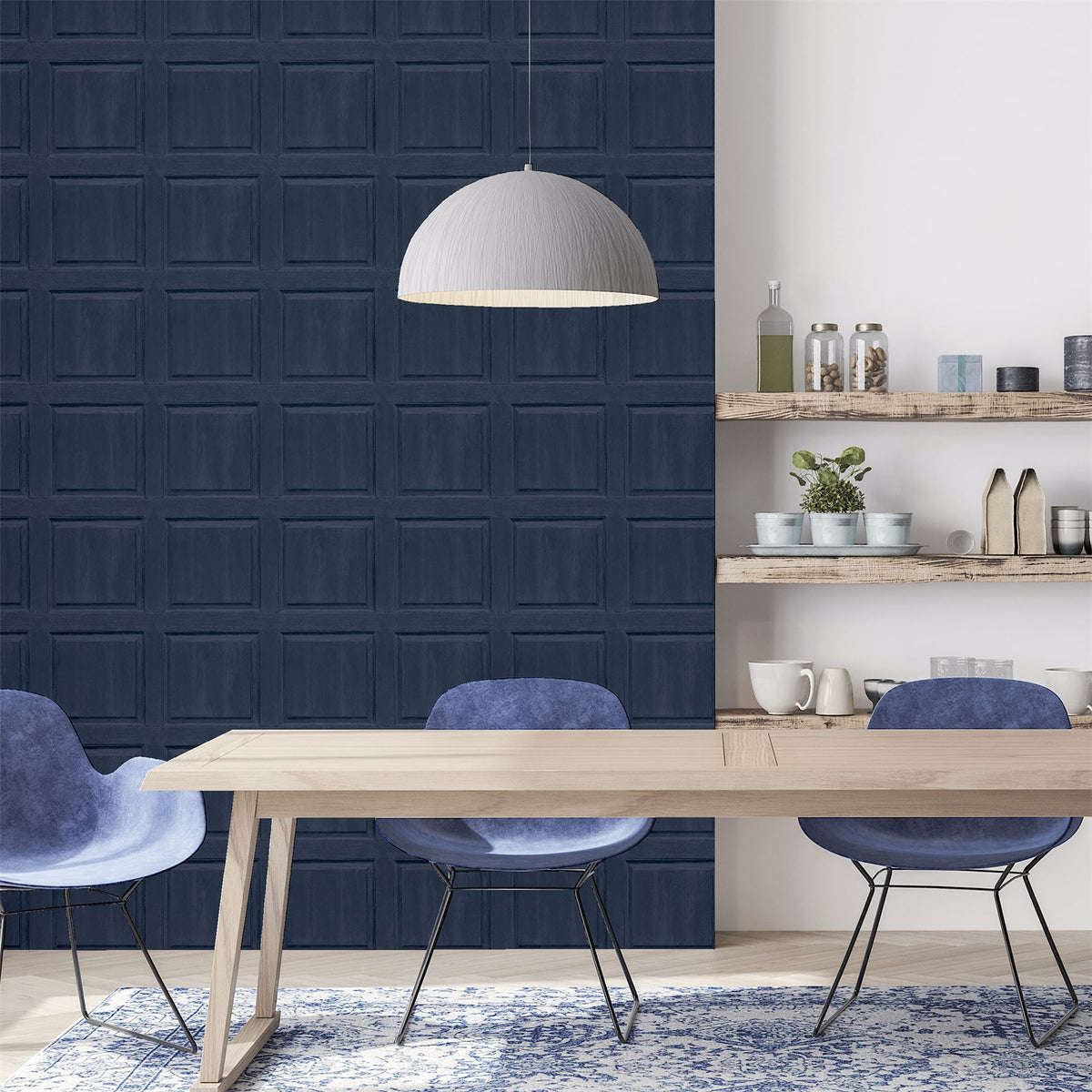 Arthouse Washed Panel Wallpaper – Navy Faux Panelling Effect with Visible Wood Grain, Feature Wall or Room