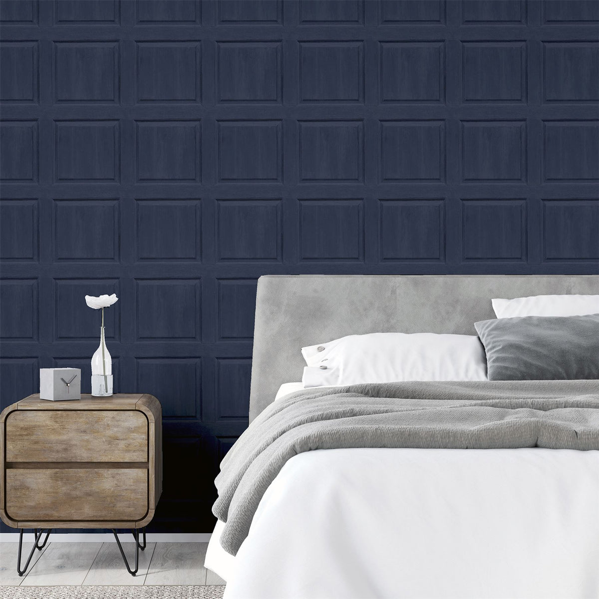 Arthouse Washed Panel Wallpaper – Navy Faux Panelling Effect with Visible Wood Grain, Feature Wall or Room