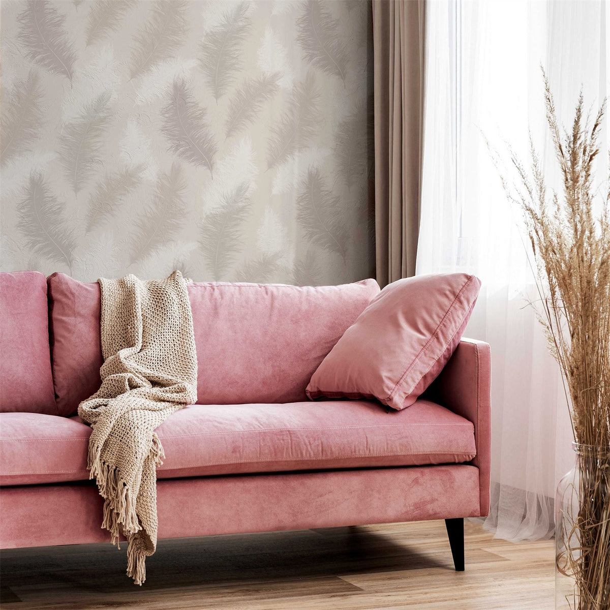 Arthouse Sussurro Wallpaper – Large-Scale Feather Design with Sparkling Gel Effect, Soft Blush Pink