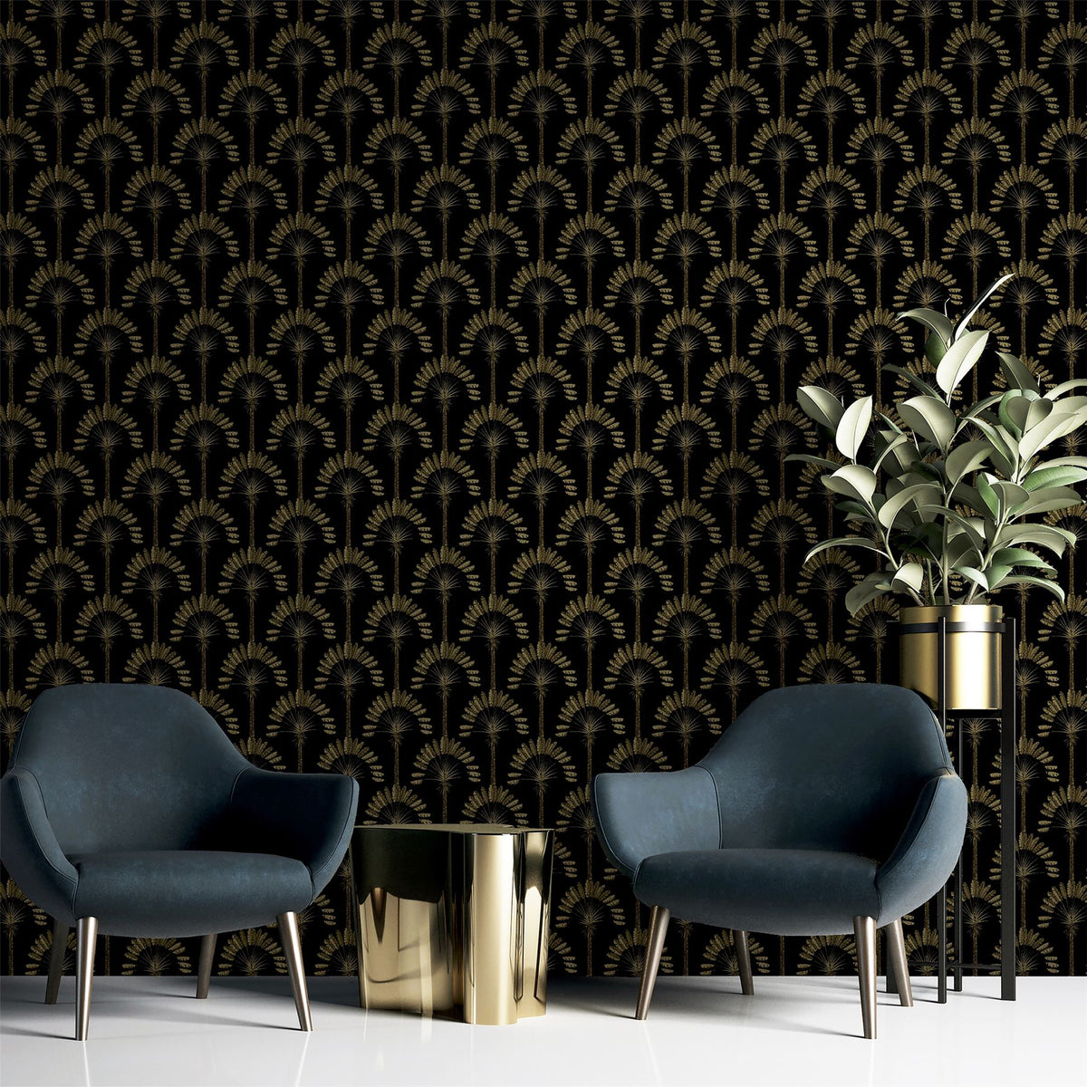 Arthouse Palm Palace Wallpaper – Gold Metallic Palms on Black, Paste the Wall Exotic Colonial Style