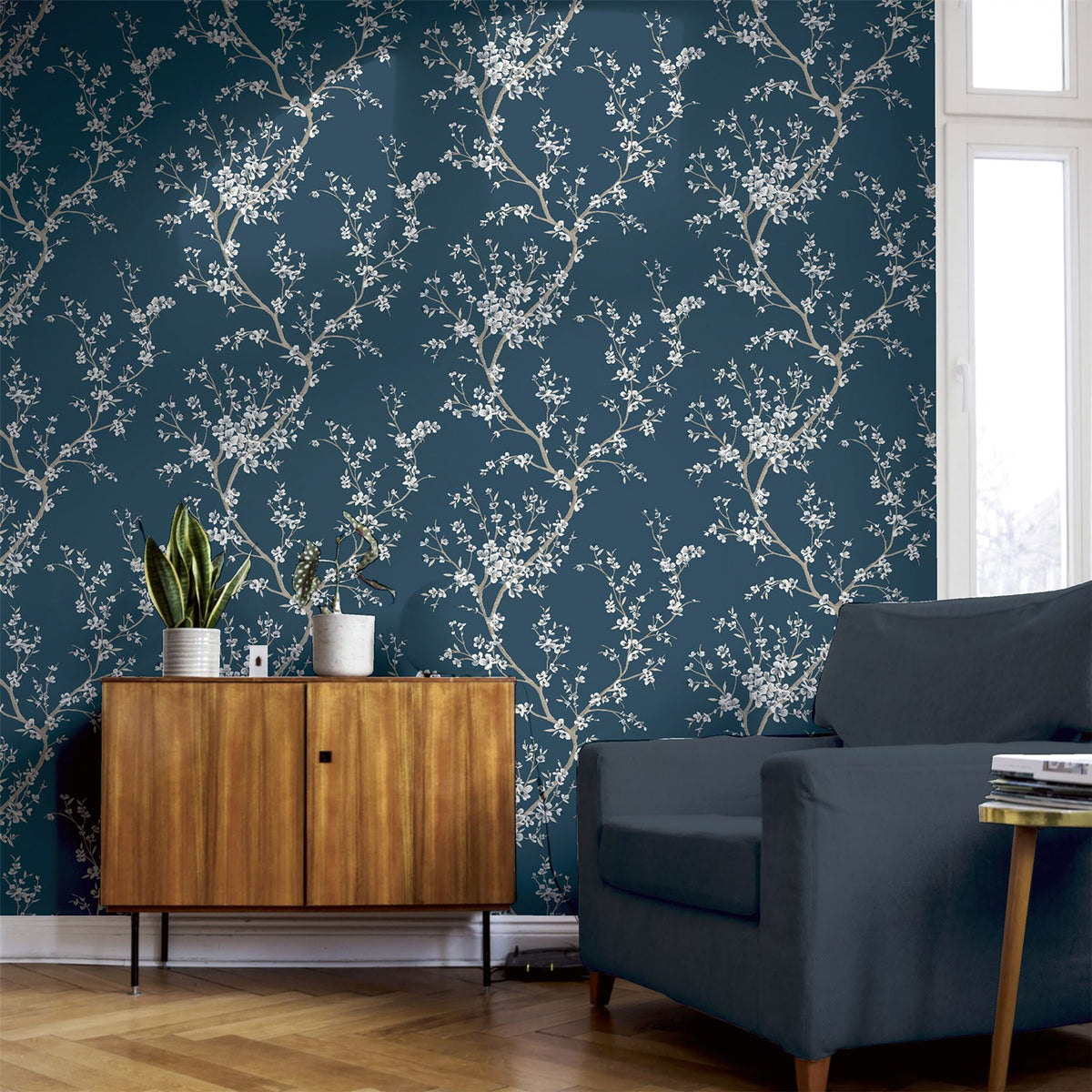 Arthouse Oriental Trail Floral Wallpaper with White Trails on Petrol Blue – Paste the Paper, Teal