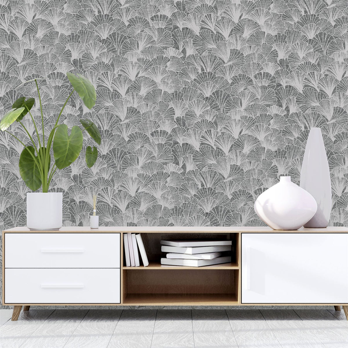 Arthouse Ginkgo Leaf Wallpaper with Metallic Finish – Paste the Paper Feature Wall, Grey and Silver