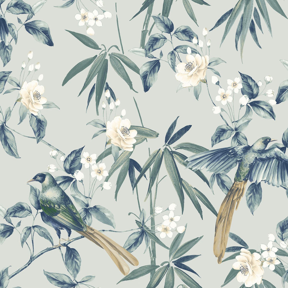 Arthouse Oriental Floral Birds Wallpaper with Blossoms & Bamboo – Paste the Paper Feature Wall, Grey and Blue