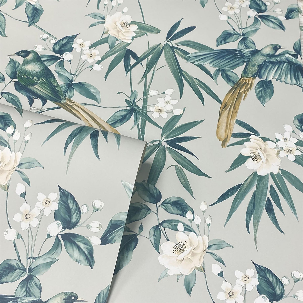 Arthouse Oriental Floral Birds Wallpaper with Blossoms & Bamboo – Paste the Paper Feature Wall, Grey and Blue
