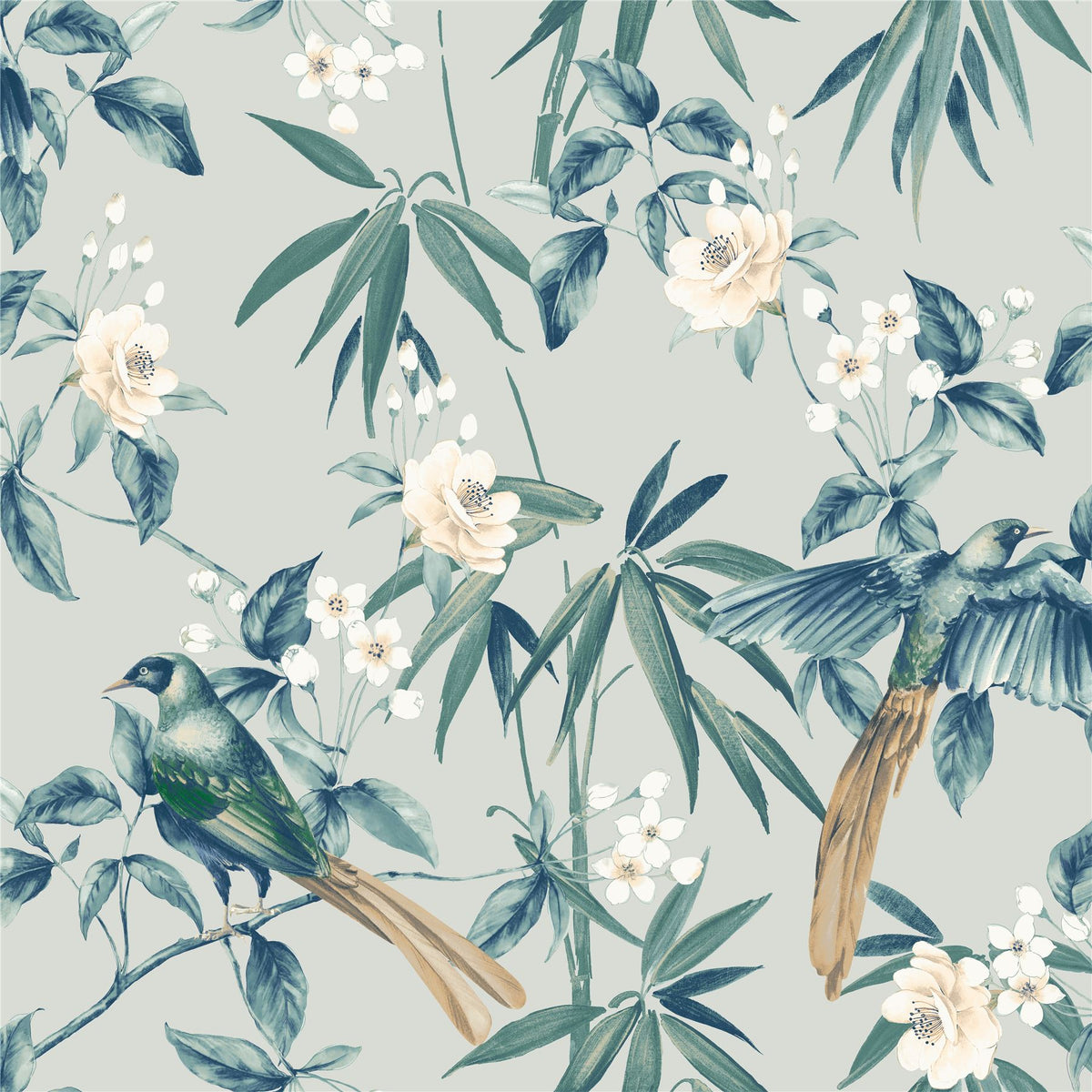 Arthouse Oriental Floral Birds Wallpaper with Blossoms & Bamboo – Paste the Paper Feature Wall, Grey and Blue