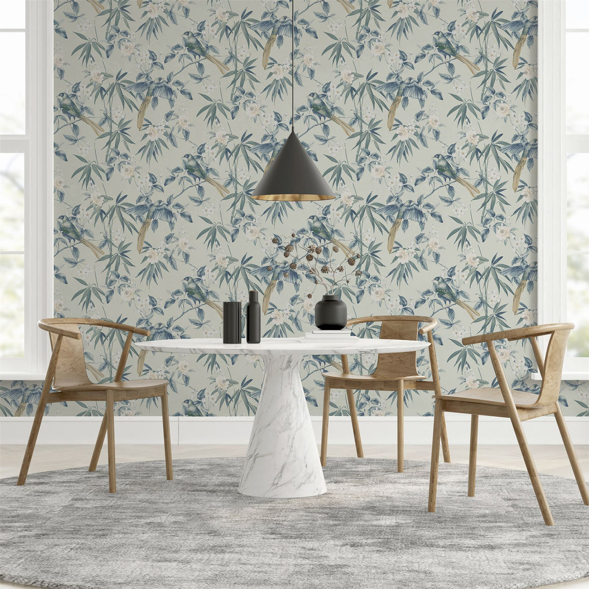Arthouse Oriental Floral Birds Wallpaper with Blossoms & Bamboo – Paste the Paper Feature Wall, Grey and Blue