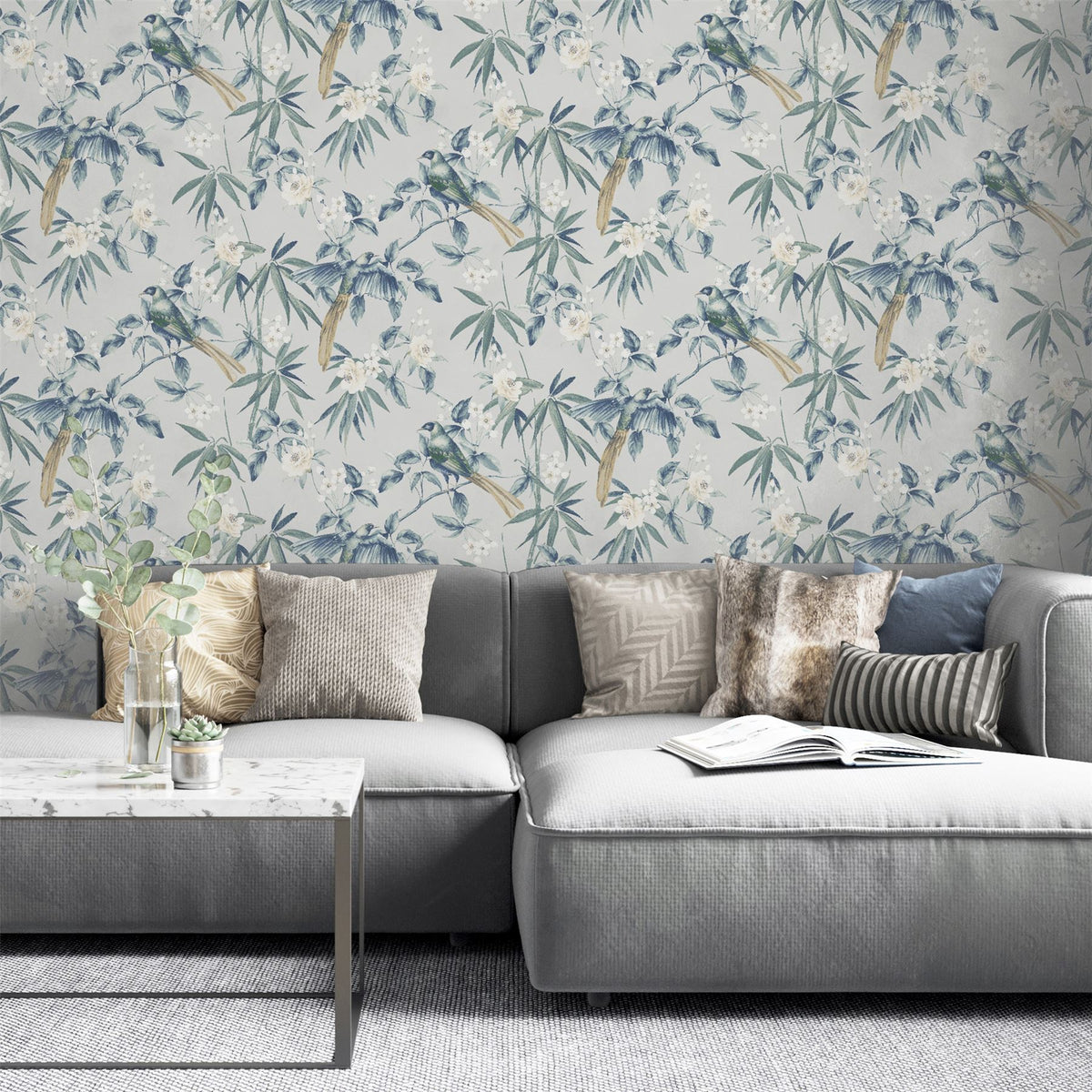 Arthouse Oriental Floral Birds Wallpaper with Blossoms & Bamboo – Paste the Paper Feature Wall, Grey and Blue