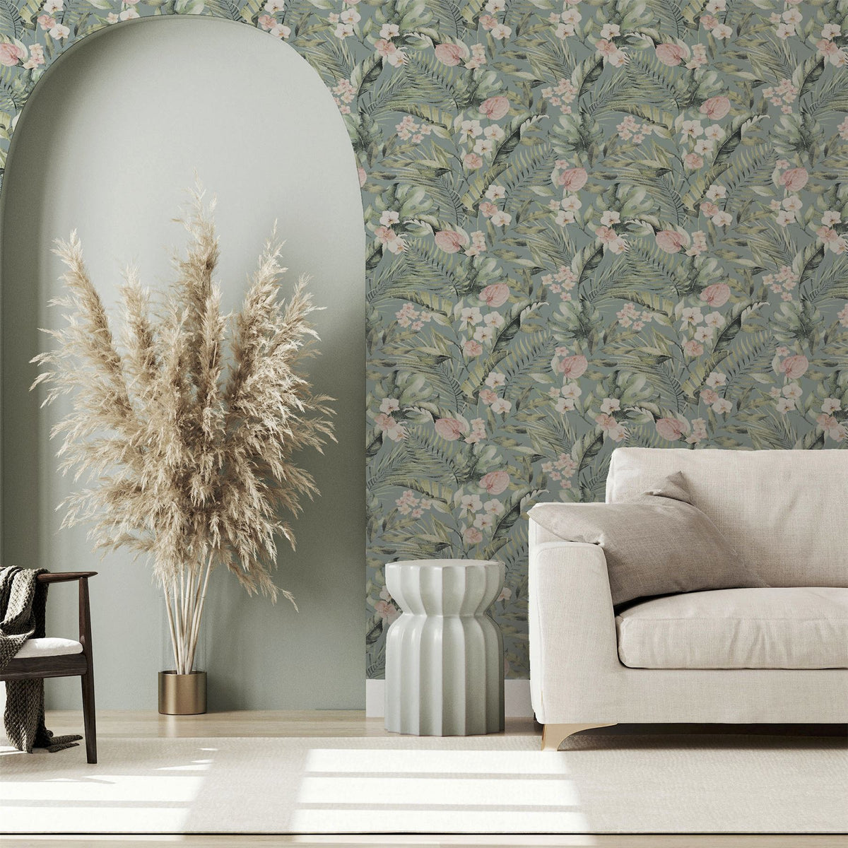 Arthouse Tropical Floral Wallpaper with Pink Flowers & Palm Leaves – Paste the Paper Feature Wall, Sea Blue