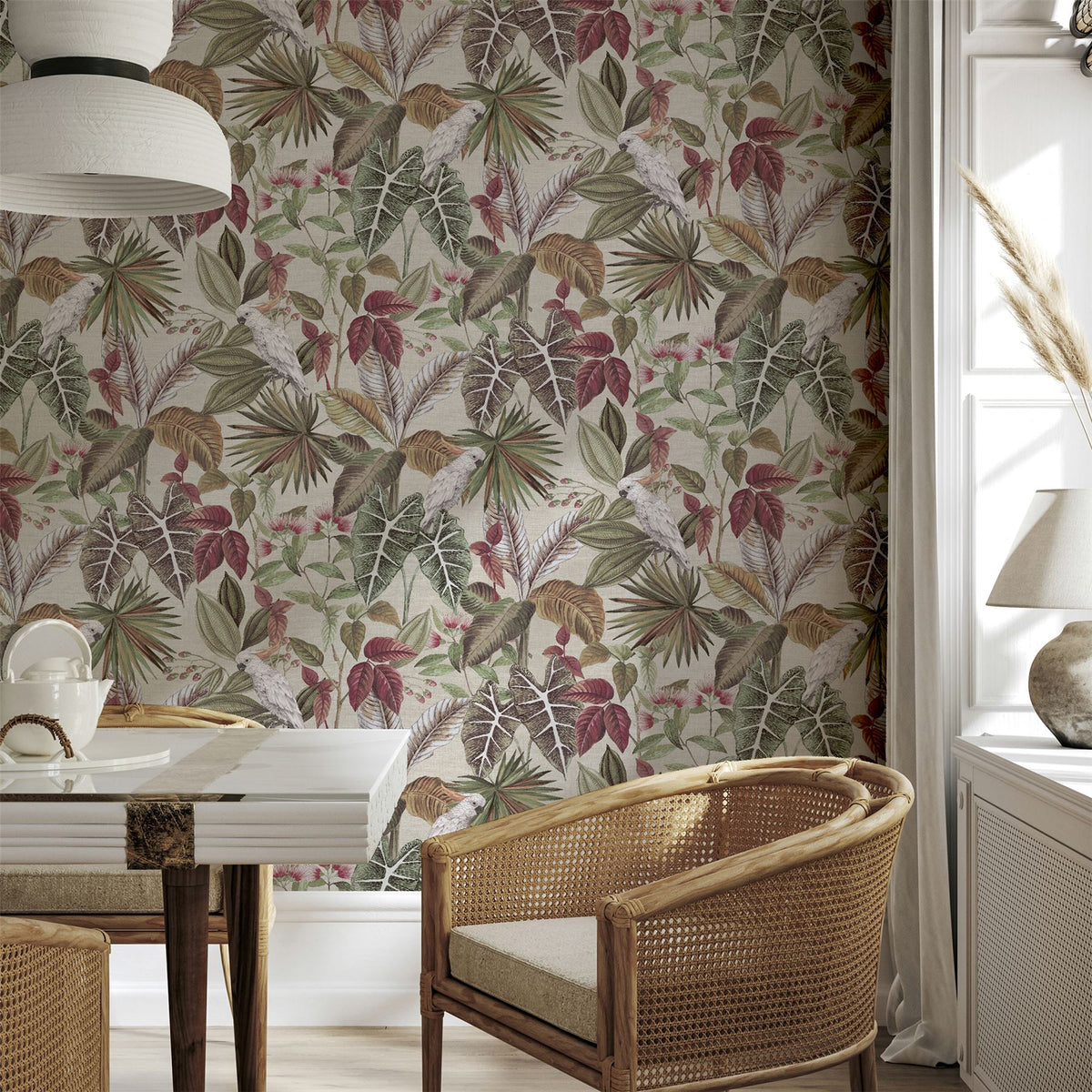 Arthouse Vintage Parrot Tropical Leaf Wallpaper with Colourful Details – Paste the Paper, Multi