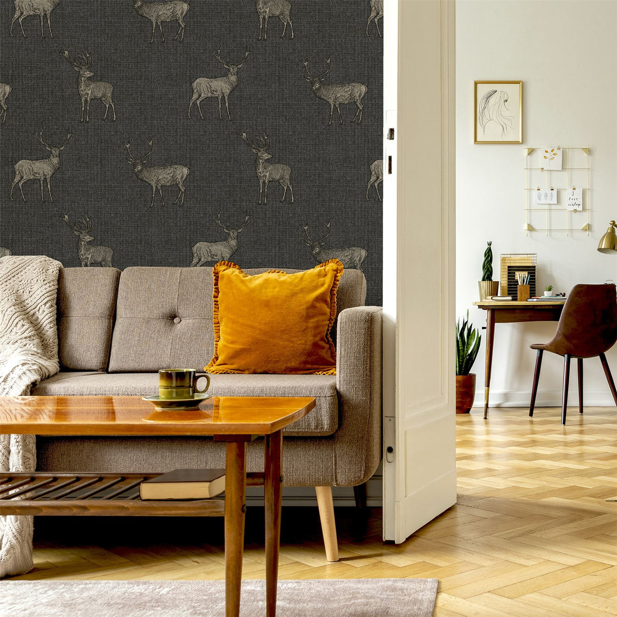 Arthouse Heritage Stag Wallpaper with Copper Metallic Highlight – Traditional Country Feature Wall, Charcoal