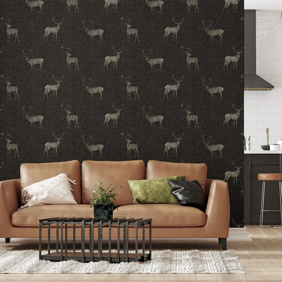 Arthouse Heritage Stag Wallpaper with Copper Metallic Highlight – Traditional Country Feature Wall, Charcoal