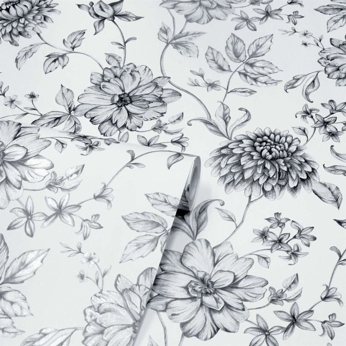 Arthouse Fleur Mono Wallpaper with Pencil Drawn Florals and Glitter Finish – Country Feature Wall, Light Cream