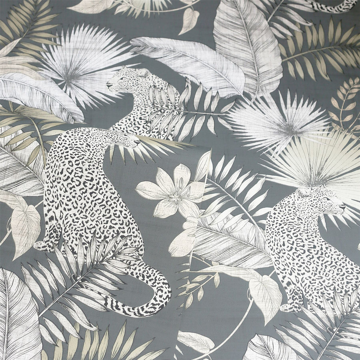 Arthouse Tropical Leopard Wallpaper with Soft Metallic Sheen – Jungle Feature Wall on Dark Background, Neutral