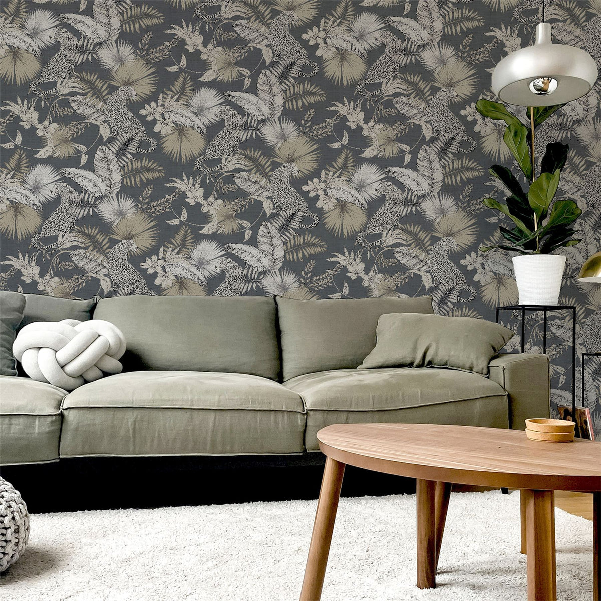Arthouse Tropical Leopard Wallpaper with Soft Metallic Sheen – Jungle Feature Wall on Dark Background, Neutral