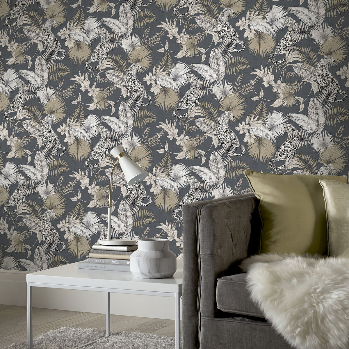 Arthouse Tropical Leopard Wallpaper with Soft Metallic Sheen – Jungle Feature Wall on Dark Background, Neutral