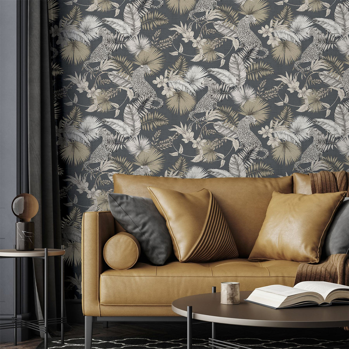 Arthouse Tropical Leopard Wallpaper with Soft Metallic Sheen – Jungle Feature Wall on Dark Background, Neutral
