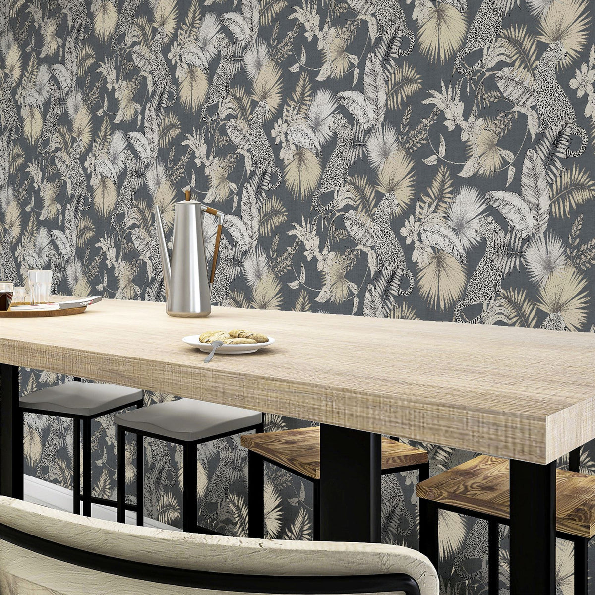 Arthouse Tropical Leopard Wallpaper with Soft Metallic Sheen – Jungle Feature Wall on Dark Background, Neutral