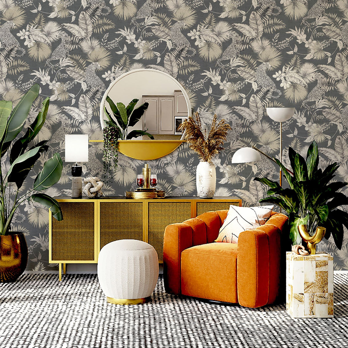 Arthouse Tropical Leopard Wallpaper with Soft Metallic Sheen – Jungle Feature Wall on Dark Background, Neutral