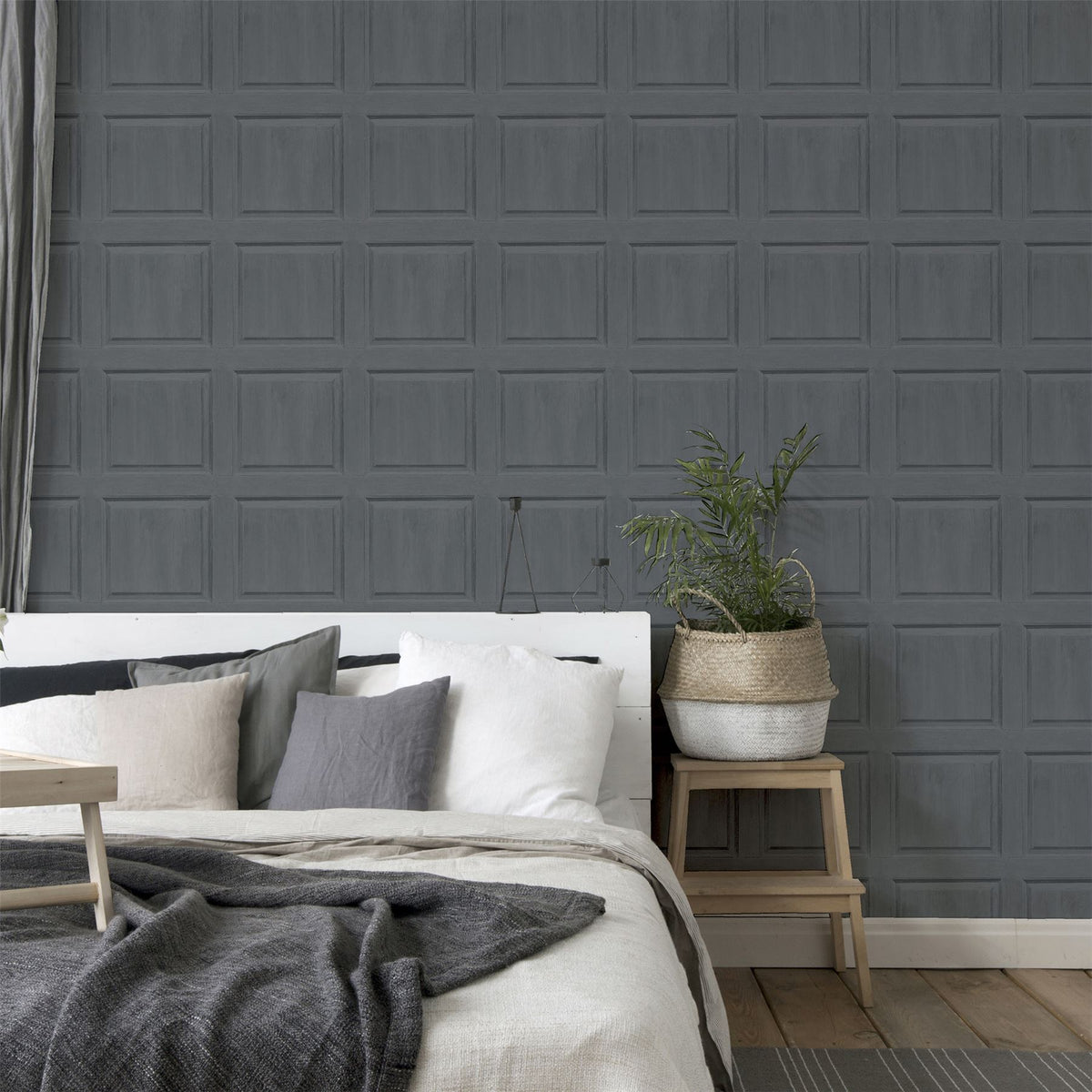 Arthouse Washed Panel Wallpaper with Wood Grain Detail – Faux Panelling Feature Wall Look, Charcoal
