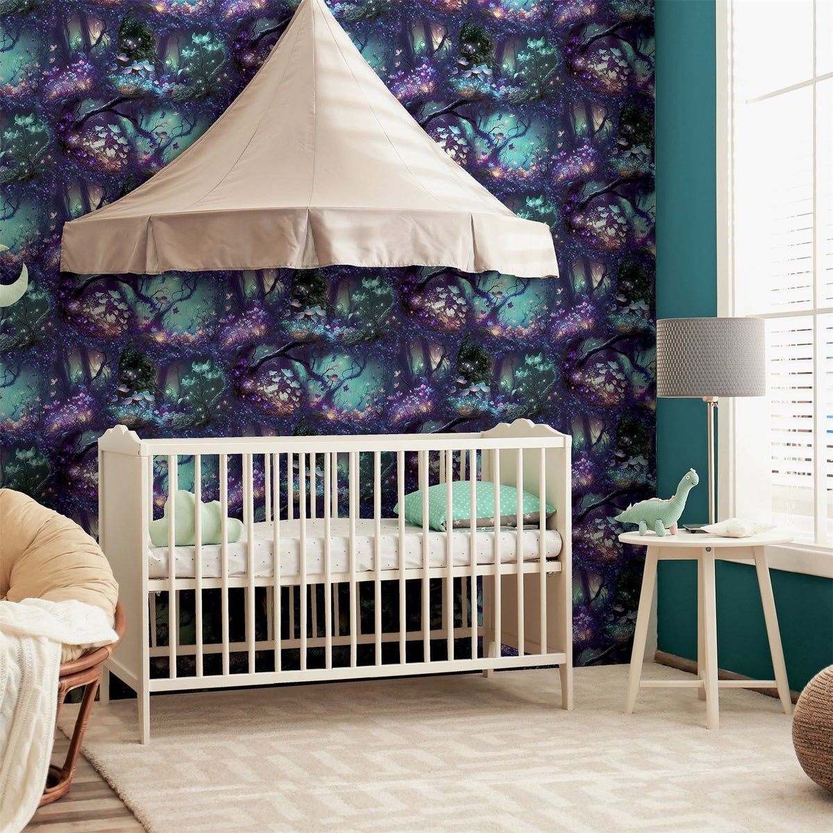 Arthouse Magical Garden Wallpaper with Neon Folk Forest Design – Kids Room Feature Wall, Black Multi
