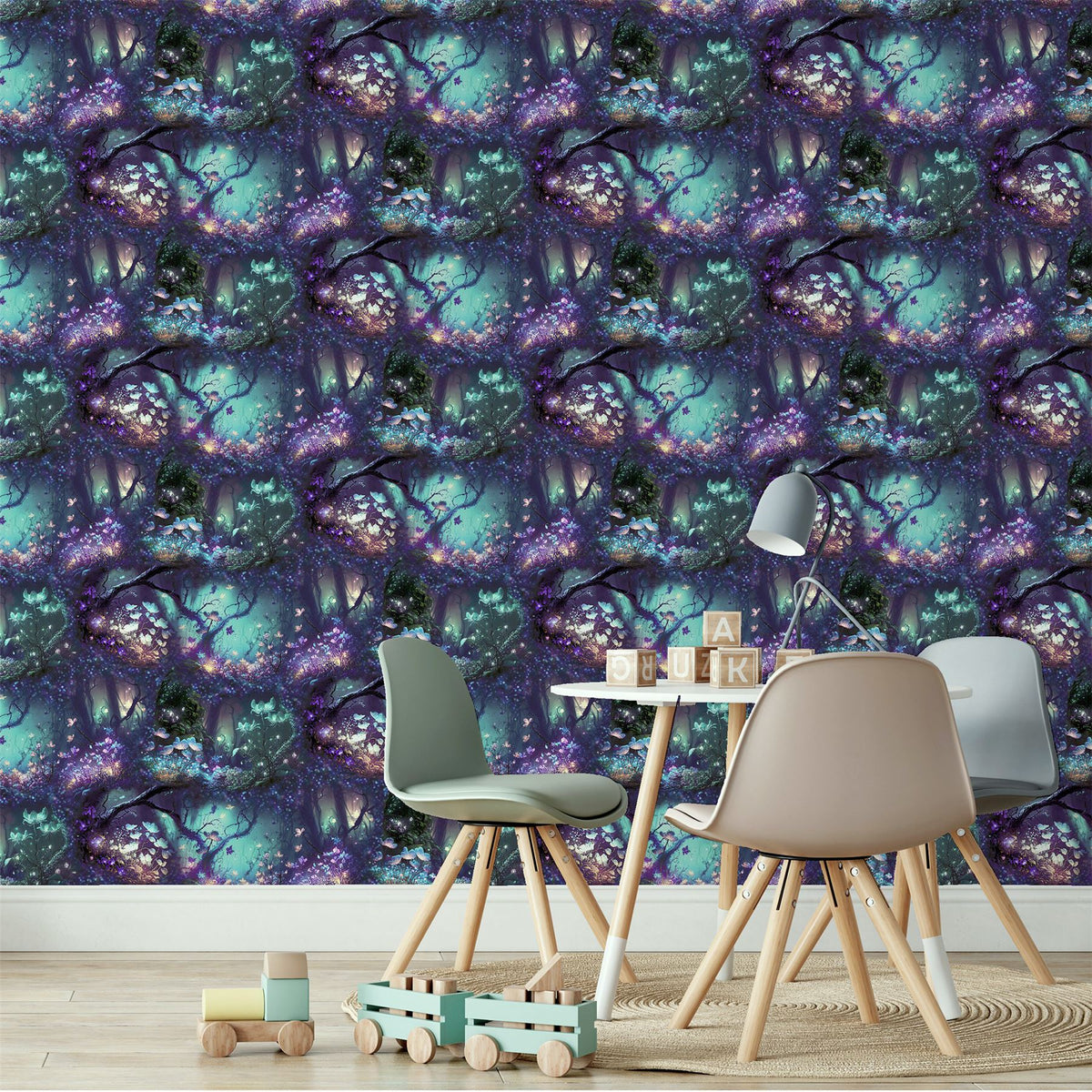 Arthouse Magical Garden Wallpaper with Neon Folk Forest Design – Kids Room Feature Wall, Black Multi
