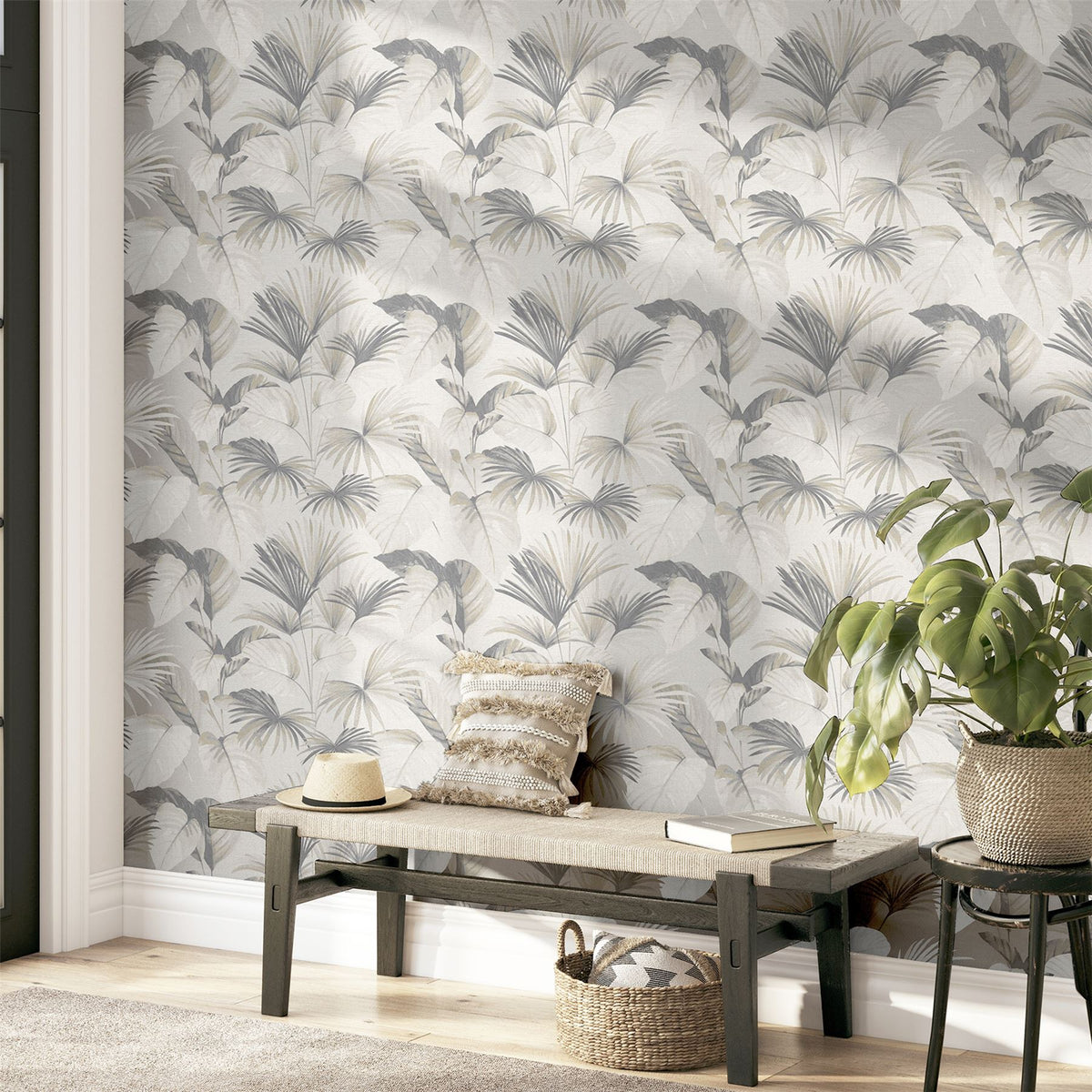 Arthouse Palm Grove Wallpaper with Palm Tree Design and Soft Matt Finish – Tropical Feature Wall, Natural