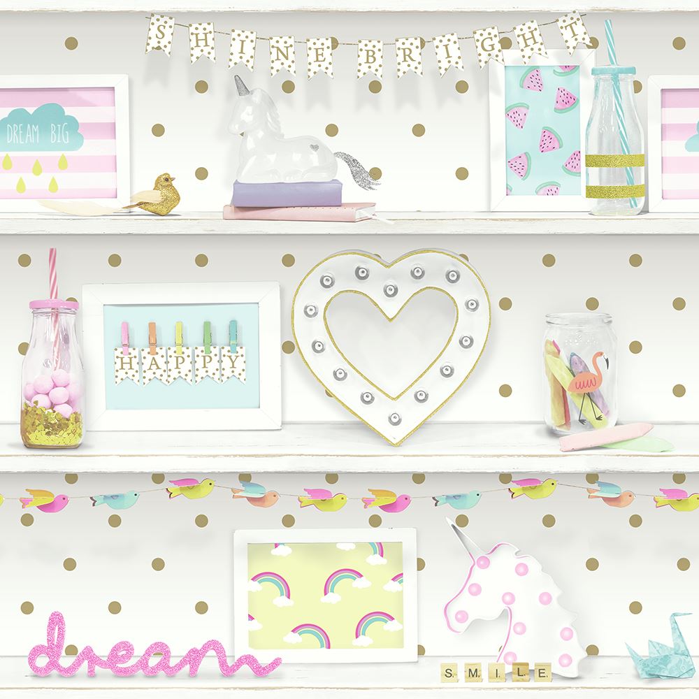 Arthouse Girl's Life Wallpaper with Hearts, Rainbows & Flamingos – Glitter Gel Bedroom Feature Wall, Multi