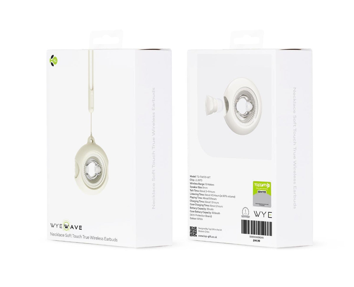 WYEWAVE True Wireless Earbuds with Necklace, Soft Touch – 10m Range, 18 Hour Playtime, Beige
