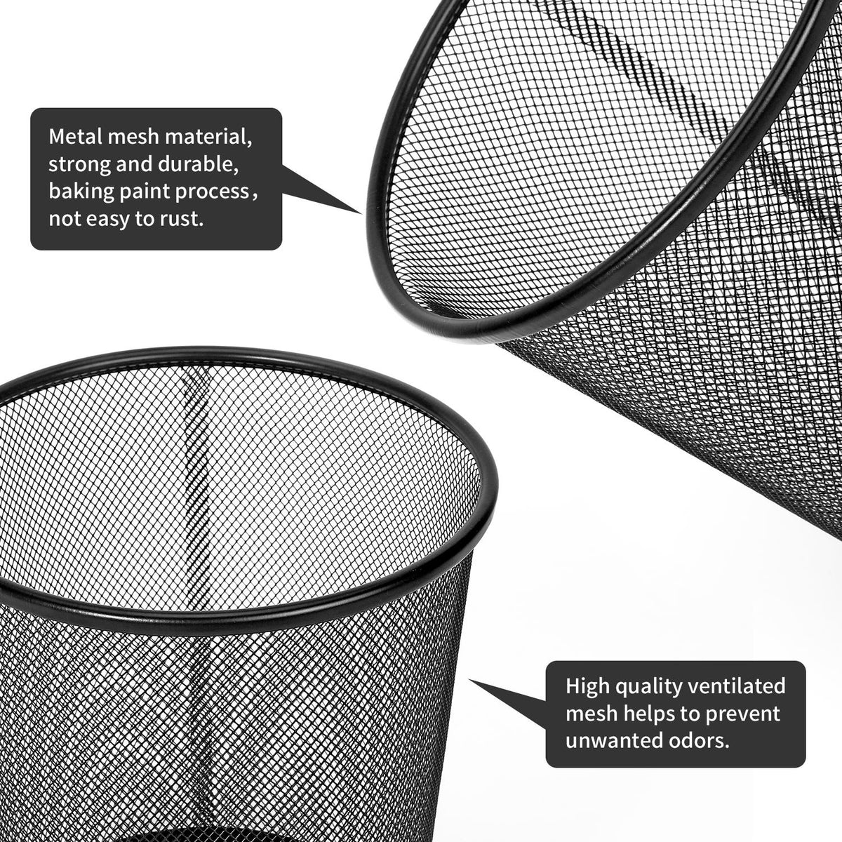Vinsani 2-Piece Round Mesh Waste Bin Set – Lightweight Metal Wastebaskets for Office & Home, Black