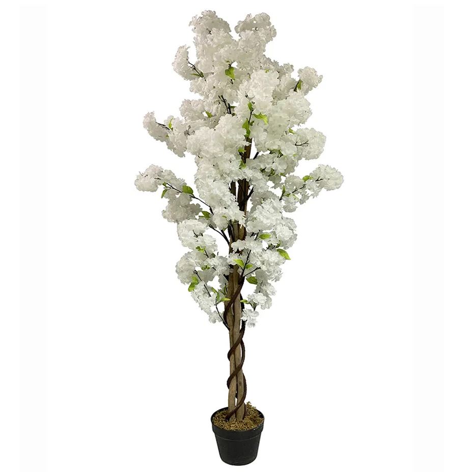 Botanik UK Artificial White Cherry Blossom Tree, 150cm – Fully Assembled Faux Blossom Tree in Pot