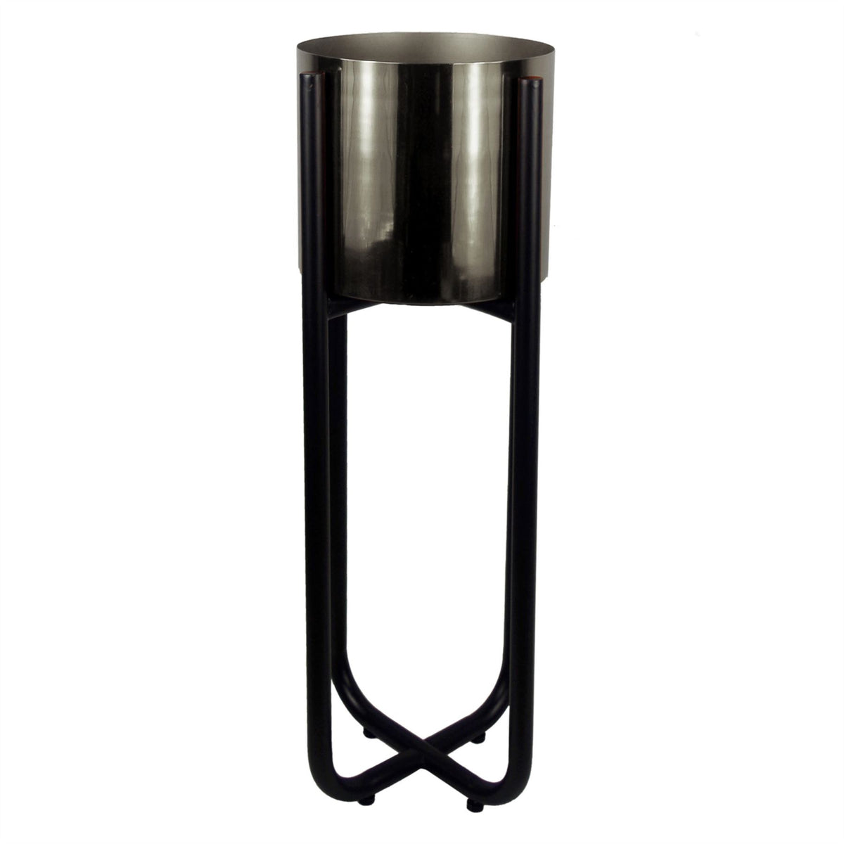 Tall Black Plant Stand with Silver Metal Planter – 62cm Indoor Planter Stand, Adjustable Feet
