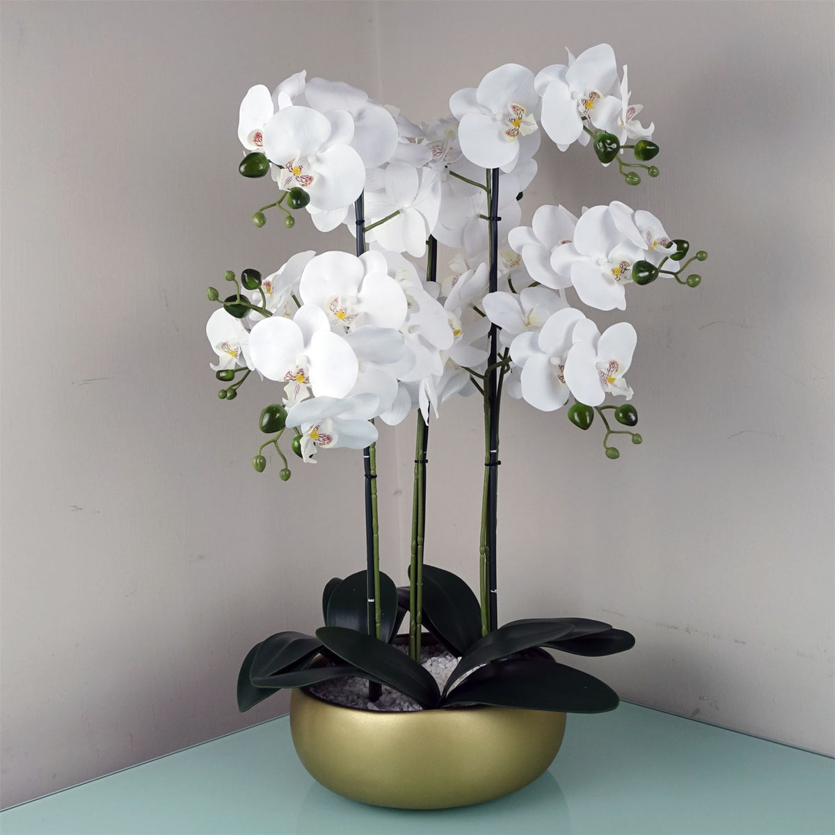 Leaf 60cm Artificial Orchid in White and Gold Ceramic Planter – Realistic PVC Flowers, Ready-to-Display Home Decor