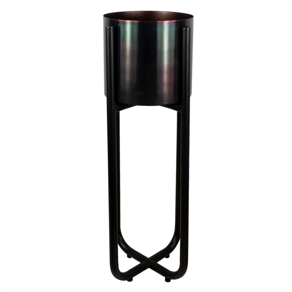 Tall Black Metal Planter Stand with Iridescent Rainbow Metal Planter, 62cm – Handcrafted Indoor Plant Display