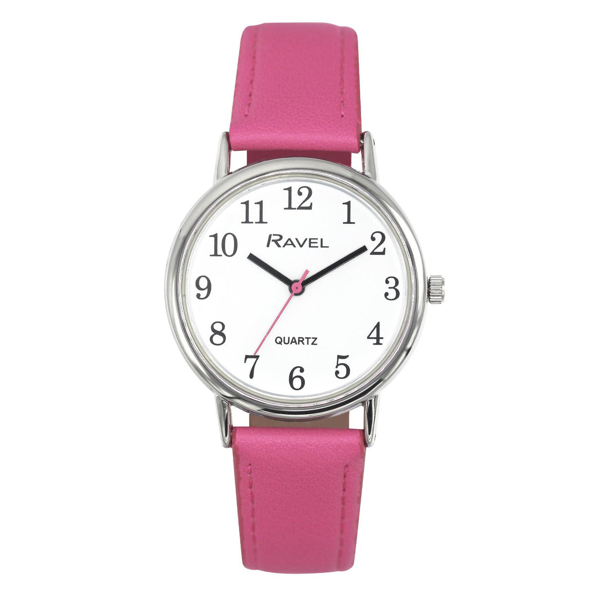 Ravel Ladies Classic Watch – Big White Dial, Pink Leather Strap