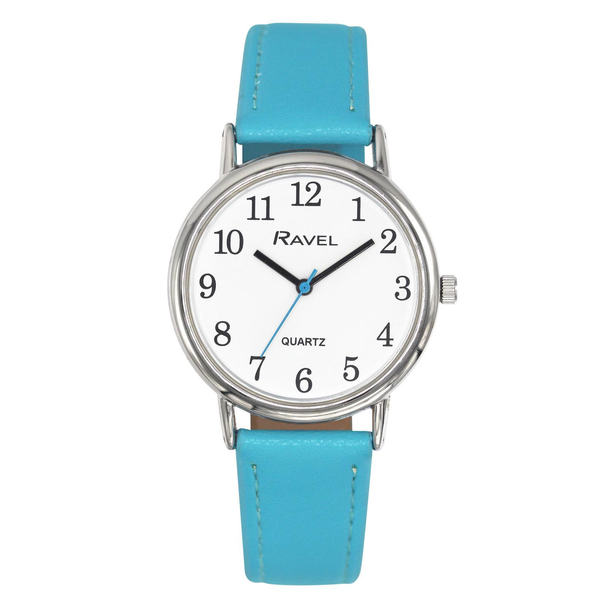 Ravel Ladies' Classic Watch – White Dial, Light Blue Leather Strap