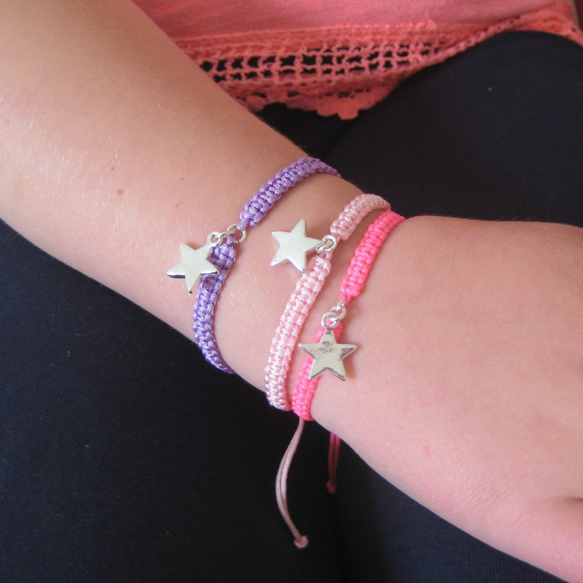 Aye Do Gifts Silver Star Charm Friendship Bracelet – Adjustable Braided Cord for Girls, Purple, Pink or Black