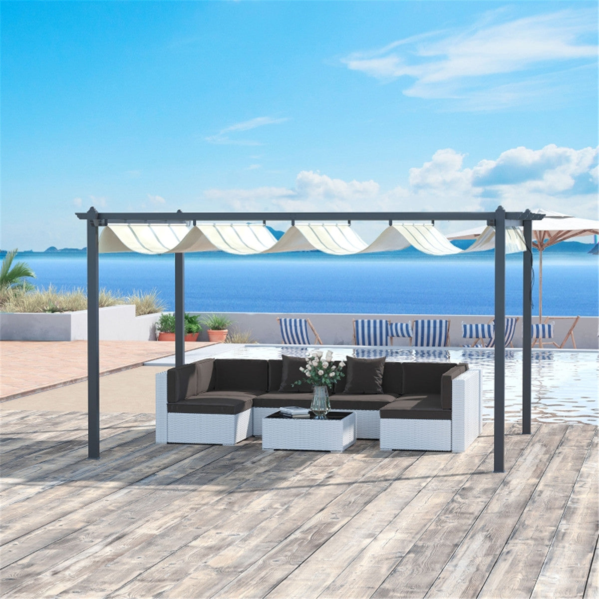 4 x 3m Aluminium Pergola Gazebo with Retractable Canopy – Garden Sun Shade, Cream White & Dark Grey