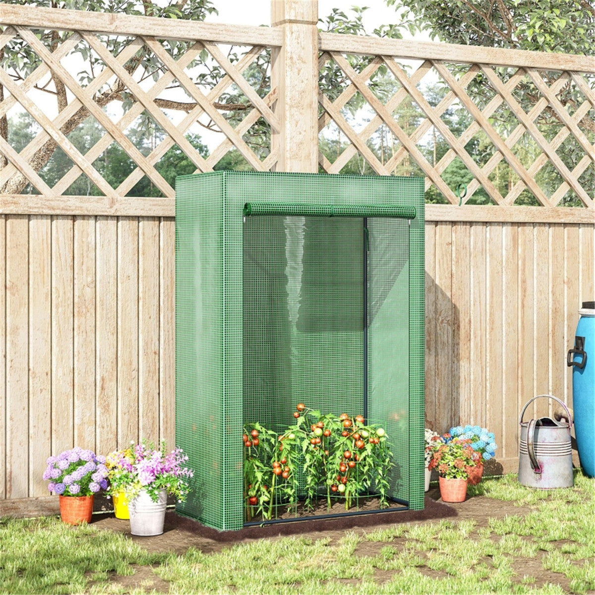 Mini Walk-in Greenhouse with Steel Frame, PE Cover & Zipped Roll-up Door – Tall Narrow Plant Shelter, Green