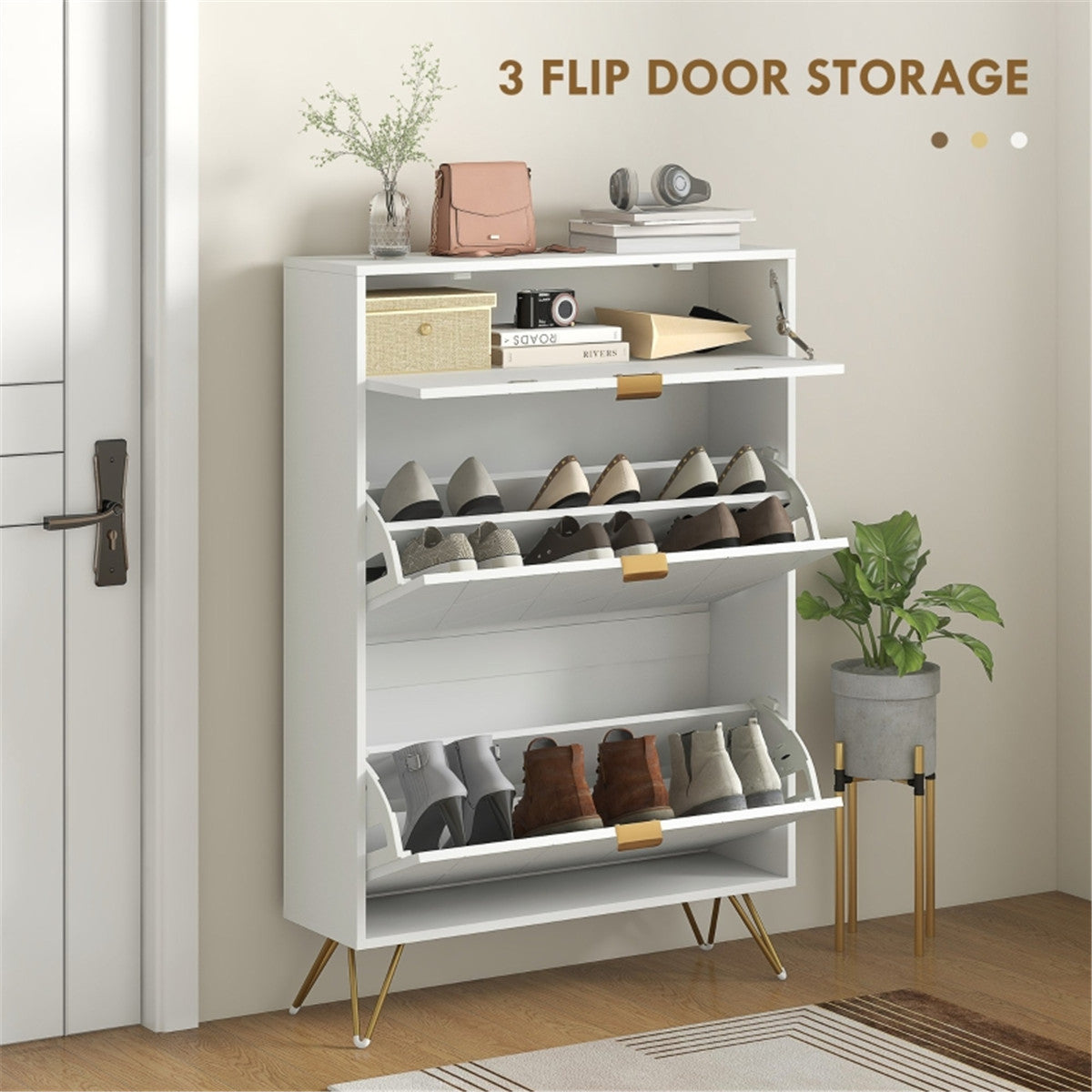 Narrow Shoe Storage Cabinet with 2 Flip Drawers & Top Drawer – Slim Shoe Cupboard for 12 Pairs, White
